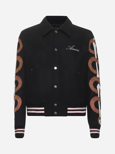 Amiri Mens Black Snake Bones Embroidered Relaxed-fit Wool-blend Felt Jacket