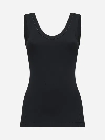 Brunello Cucinelli Black Cotton Tank Top With Monile Insert In Black
