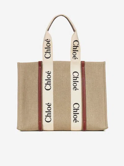 Shop Chloé Woody Linen Tote Bag In Beige,brown