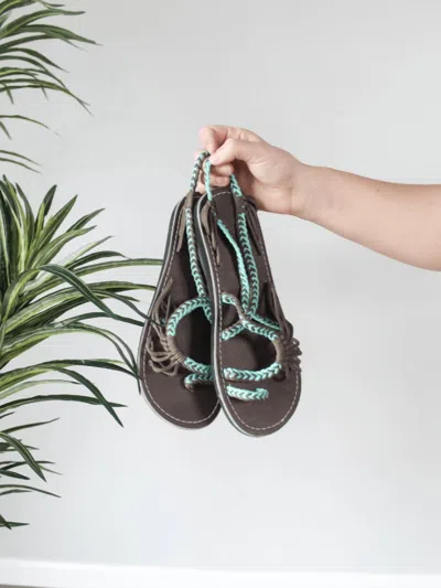 Plaka Women Palm Leaf Sandals In Turquoise Zebra In Multi