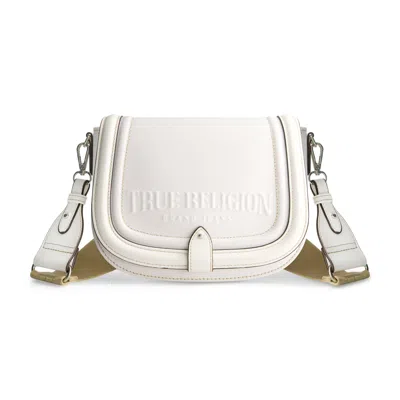 True Religion Distressed Logo Denim Saddle Bag In White