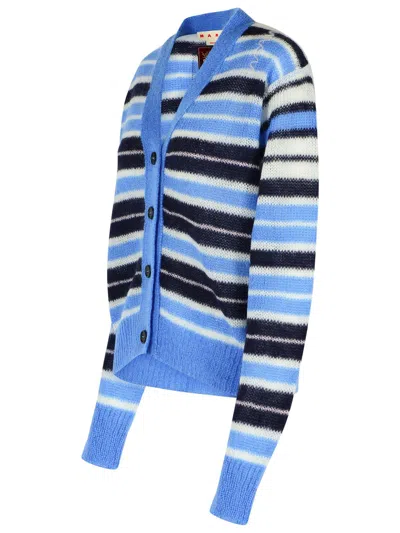 Marni Mohair Blend Striped V-neck Cardigan In Blue