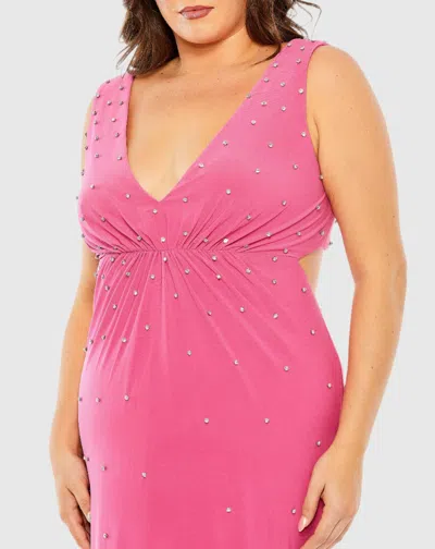 Mac Duggal Rhinestone Embellished Open Back Jersey Plus Size Gown In Hot Pink