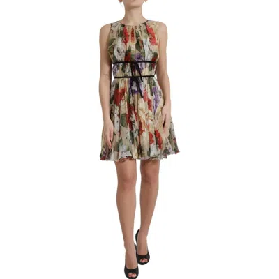 Pre-owned Dolce & Gabbana Beige Floral Sleeveless A-line Mini Women's Dress ()