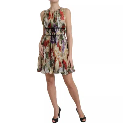 Pre-owned Dolce & Gabbana Beige Floral Sleeveless A-line Mini Women's Dress ()