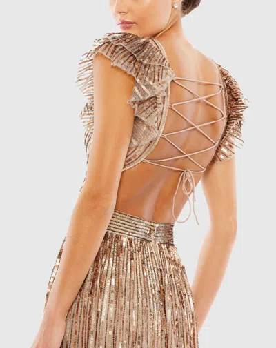 Mac Duggal Sequined Cut Out Ruffled Cap Sleeve Lace Up Gown In Copper