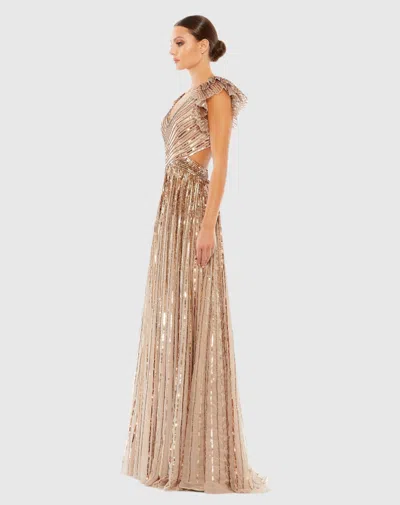 Mac Duggal Sequined Cut Out Ruffled Cap Sleeve Lace Up Gown In Copper