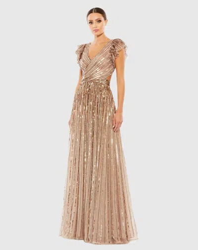 Mac Duggal Sequined Cut Out Ruffled Cap Sleeve Lace Up Gown In Copper