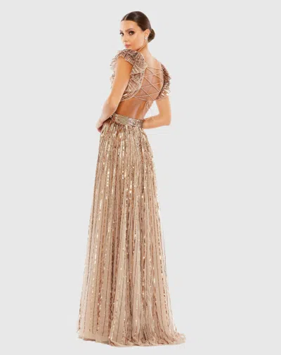Mac Duggal Sequined Cut Out Ruffled Cap Sleeve Lace Up Gown In Copper