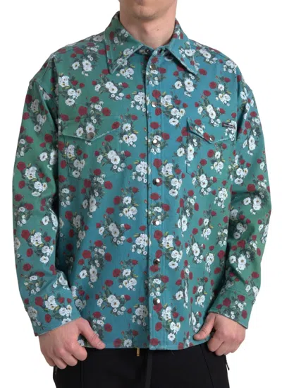 Dolce & Gabbana Blue Floral Cotton Button Down Denim Shirt In Blue