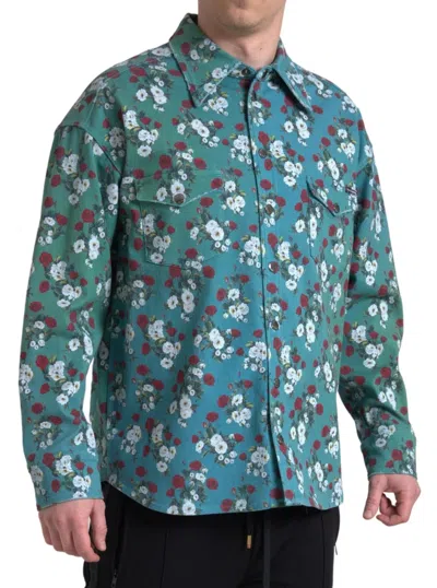 Dolce & Gabbana Blue Floral Cotton Button Down Denim Shirt In Blue