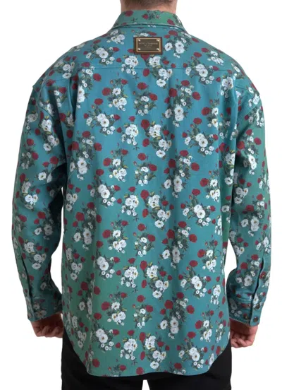 Dolce & Gabbana Blue Floral Cotton Button Down Denim Shirt In Blue