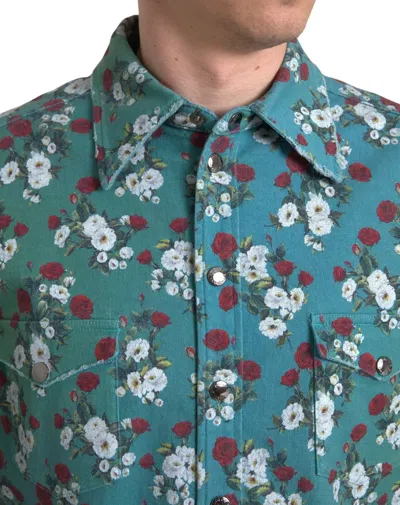 Dolce & Gabbana Blue Floral Cotton Button Down Denim Shirt In Blue