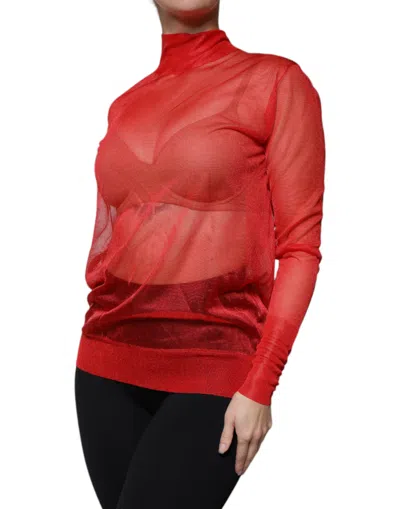 Pre-owned Dolce & Gabbana Red Mesh Turtleneck Long Sleeve Blouse Women's Top ()