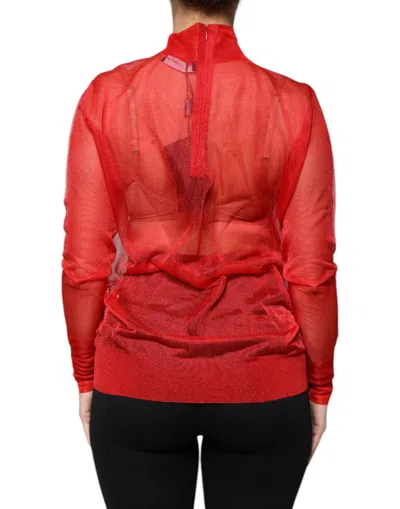 Pre-owned Dolce & Gabbana Red Mesh Turtleneck Long Sleeve Blouse Women's Top ()