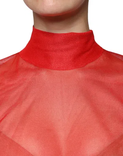 Pre-owned Dolce & Gabbana Red Mesh Turtleneck Long Sleeve Blouse Women's Top ()
