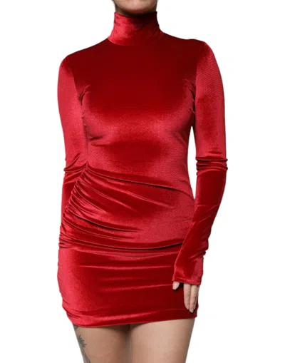 Pre-owned Dolce & Gabbana Red Velvet Long Sleeves Bodycon Mini Women's Dress ()