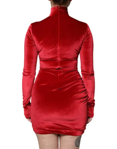 Pre-owned Dolce & Gabbana Red Velvet Long Sleeves Bodycon Mini Women's Dress ()