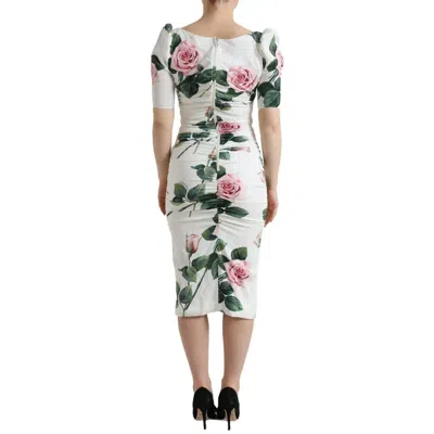 Pre-owned Dolce & Gabbana White Roses Print Stretch Silk Pleated Women's Dress ()