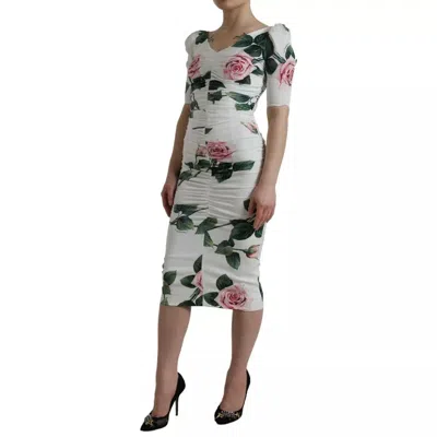 Pre-owned Dolce & Gabbana White Roses Print Stretch Silk Pleated Women's Dress ()