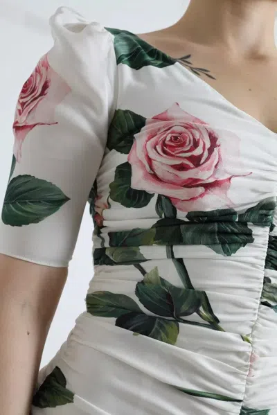 Pre-owned Dolce & Gabbana White Roses Print Stretch Silk Pleated Women's Dress ()