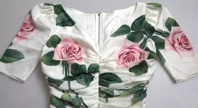 Pre-owned Dolce & Gabbana White Roses Print Stretch Silk Pleated Women's Dress ()