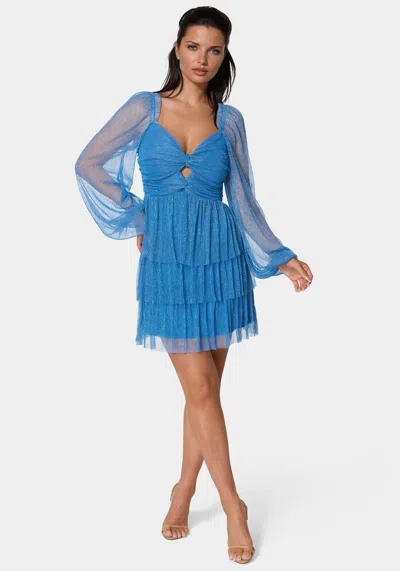Bebe Tiered Twist Front Lurex Mini Dress In Light Blue