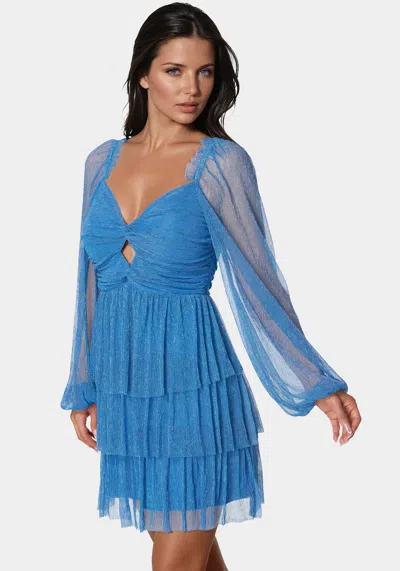 Bebe Tiered Twist Front Lurex Mini Dress In Light Blue