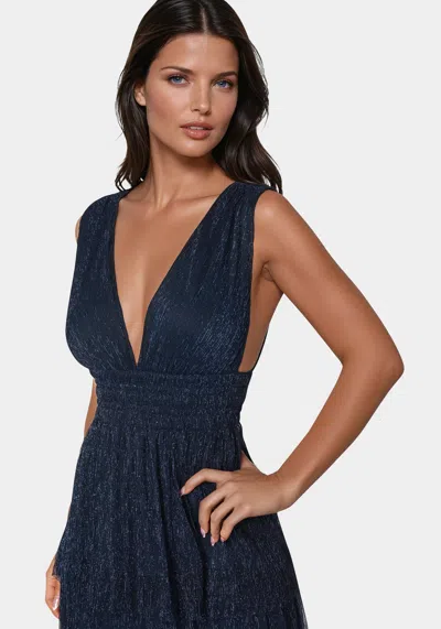 Shop Bebe Tiered Plunge Neck Lurex Midi Dress In Navy