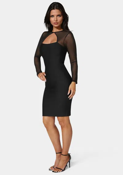 Bebe Longsleeve Mesh Peek A Boo Bandage Dress In Black