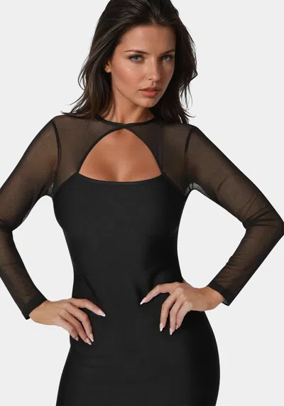 Bebe Longsleeve Mesh Peek A Boo Bandage Dress In Black