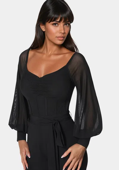Bebe Printed Mesh Off Shoulder Catsuit In Black