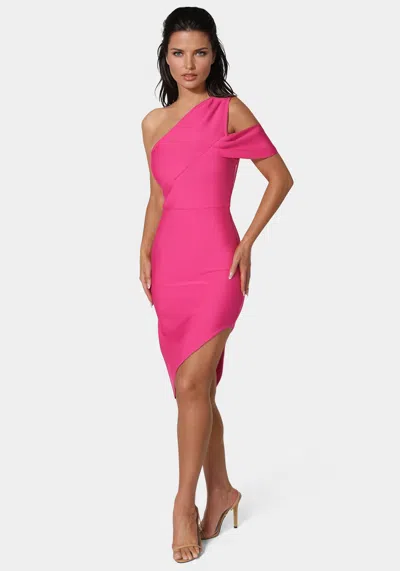 Bebe Asymmetrical High Slit Bandage Midi Dress In Fuschia