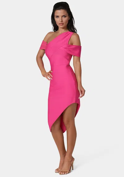 Bebe Asymmetrical High Slit Bandage Midi Dress In Fuschia