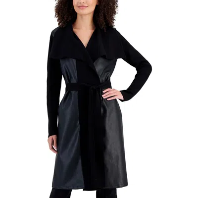 T Tahari Womens Faux Letaher Long Sleeves Wrap Coat In Black