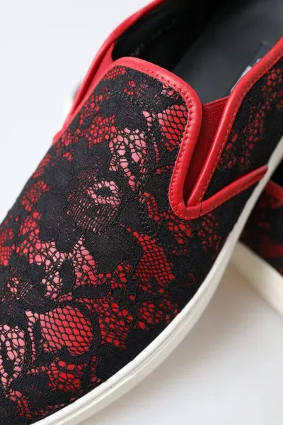 Pre-owned Dolce & Gabbana Black Red Lace Slip On Low Top Sneakers Women's Shoes ()