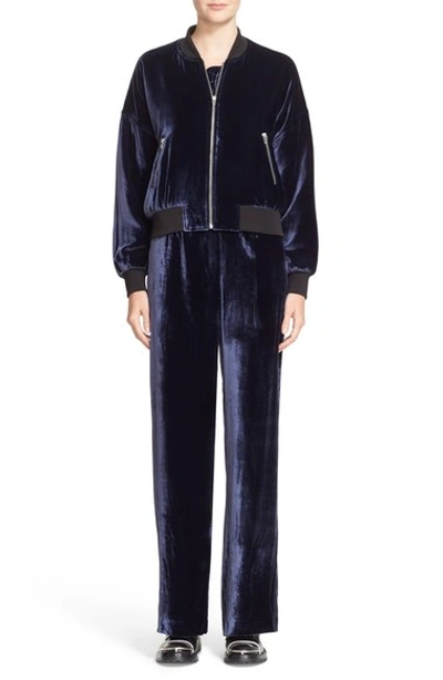 Alexander Wang T 'slightly Batted' Velvet Zip Front Bomber Jacket In Navy