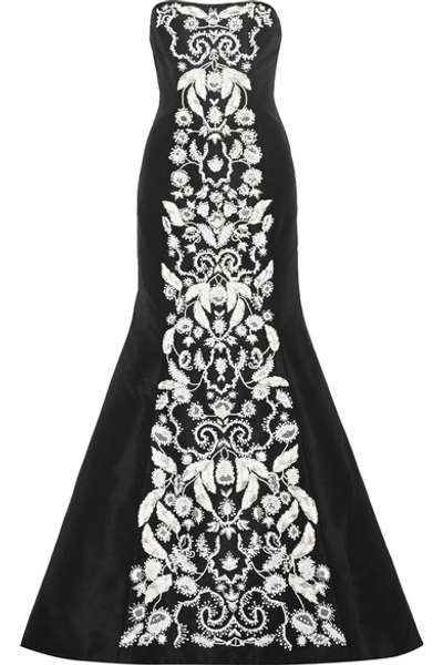 Oscar De La Renta Floral-embellished Strapless Silk Mermaid Gown In Black White