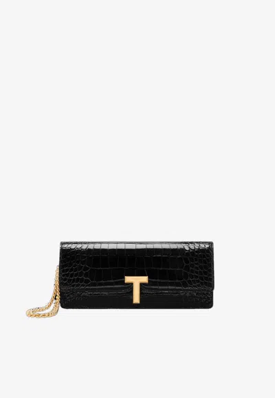 Tom Ford Wallis Croc Embossed Leather Clutch In Black
