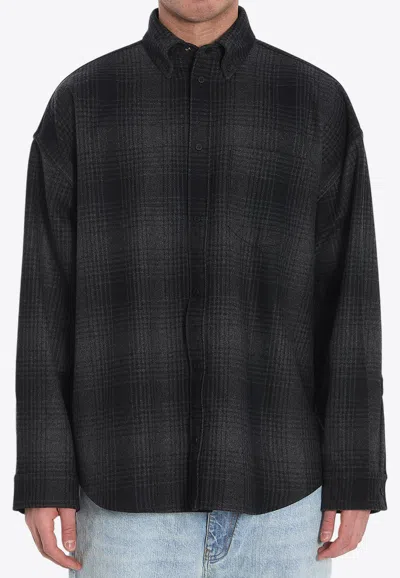 Balenciaga Oversize Plaid Wool Blend Flannel Button-down Shirt In Black