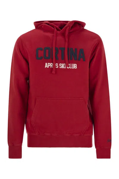 Mc2 Saint Barth Mens Red Tribeca Sweatshirt With Cortina Apres Ski Club Logo Embroidery In Red/blue