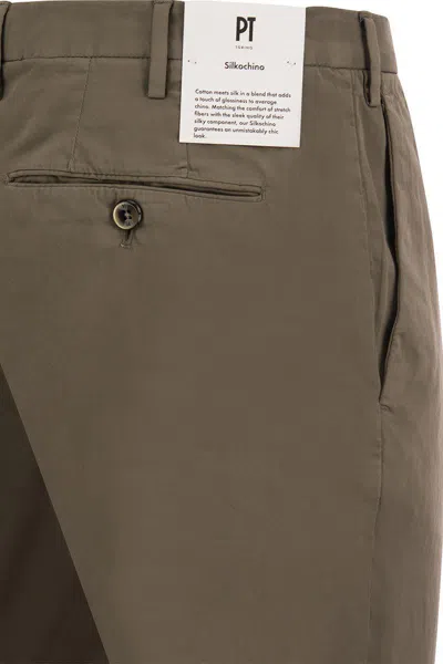 Pt Torino Superslim Trousers In Cotton And Silk In Brown