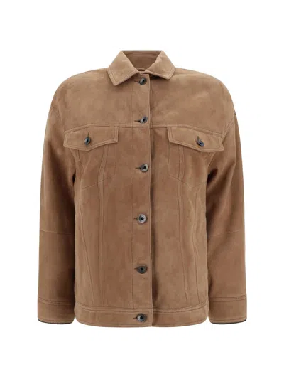 Brunello Cucinelli Suede Leather Jacket In Brown