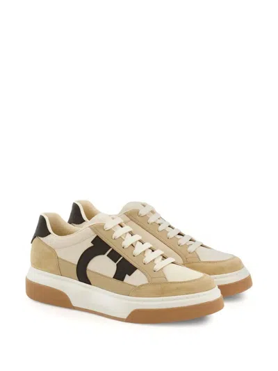 Ferragamo Beige Low Top Gancini Ornament Sneakers In Beige