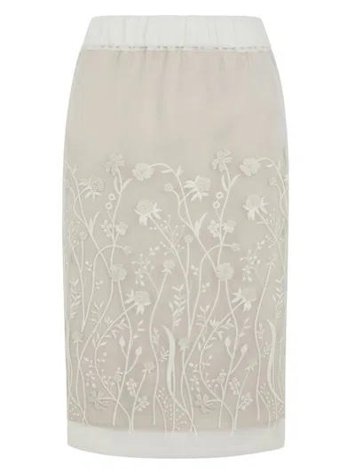 P.a.r.o.s.h Sorgente Floral Embroidered Midi Skirt In White