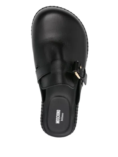 Moschino Black Leather Mule Loafers In Black