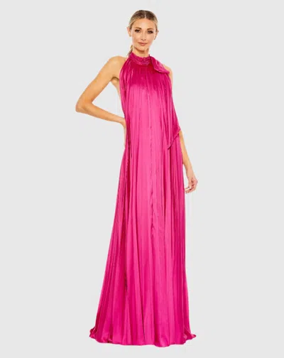 Mac Duggal Pink Pleated Trapeze Halter Neck Gown In Pink