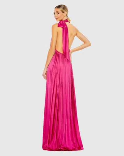 Mac Duggal Pink Pleated Trapeze Halter Neck Gown In Pink