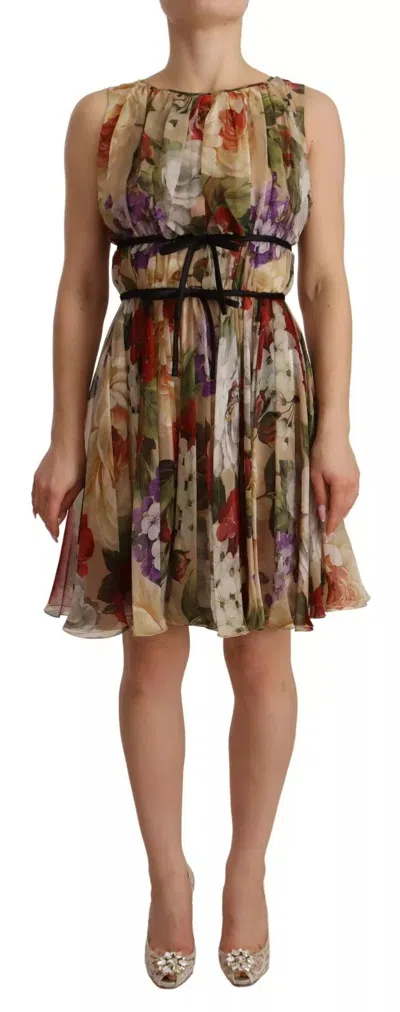 Pre-owned Dolce & Gabbana Beige Floral Sleeveless Round Neck Mini Women's Dress () In Multicolor