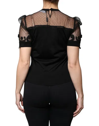 Pre-owned Dolce & Gabbana Black Floral Lace Short Sleeves Blouse Women's Top ()